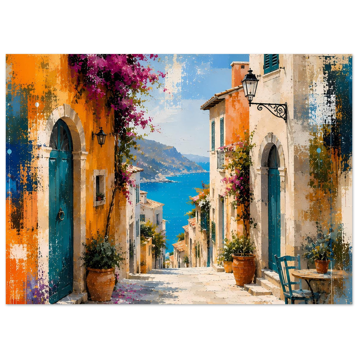Mediterranes Gassen-Poster mit Meer im Hintergrund, türkis-roten Wänden und Farbsprenkeln, Querformat