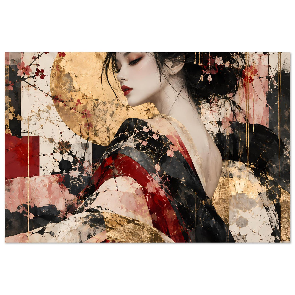 Asiatisches Kunstposter, Frau mit rotem Mantel und goldenen Sprenkeln, florale Elemente