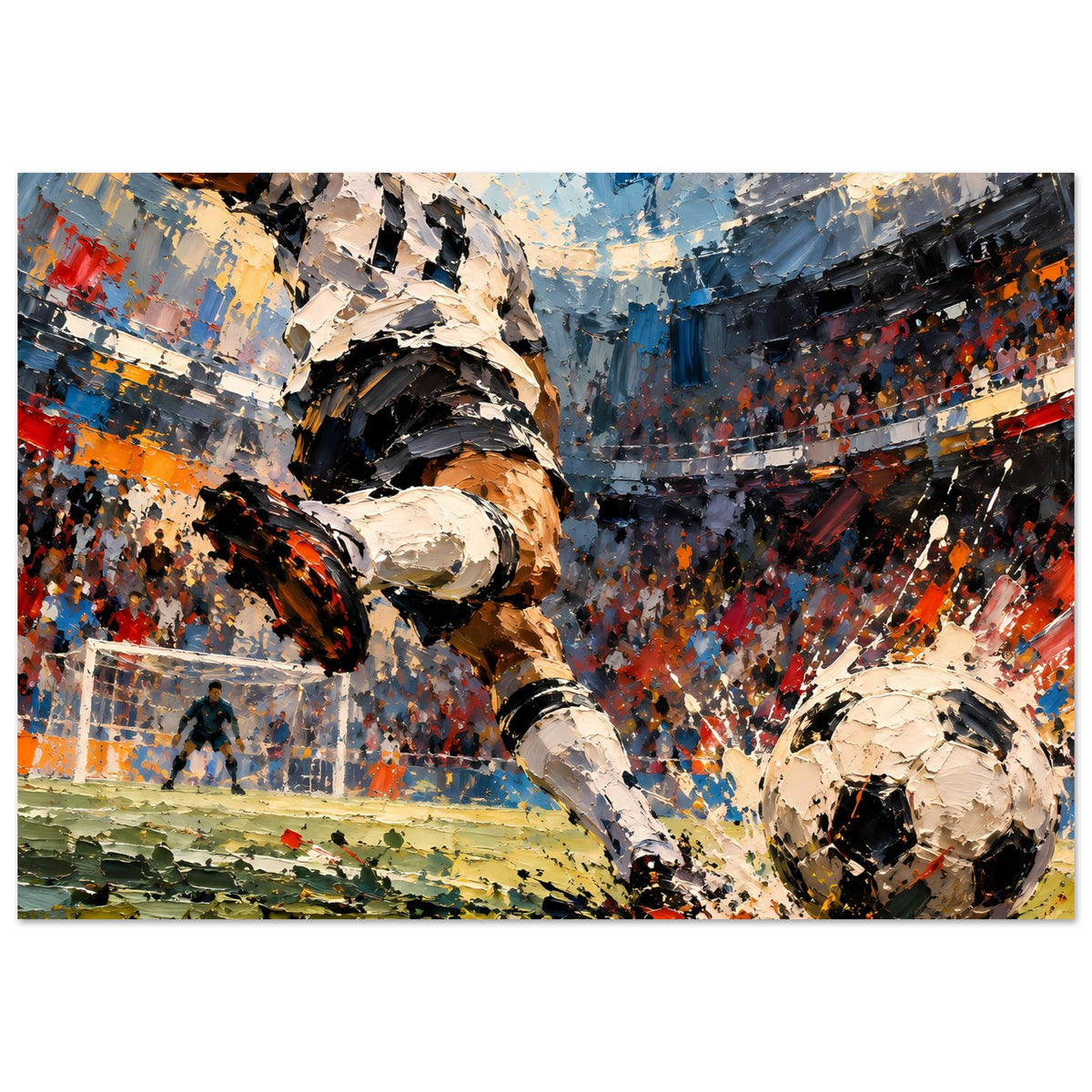 Fußball-Actionposter: Nahansicht Stürmer-Schuss, Ball rechts, Farbauftrag in Blau