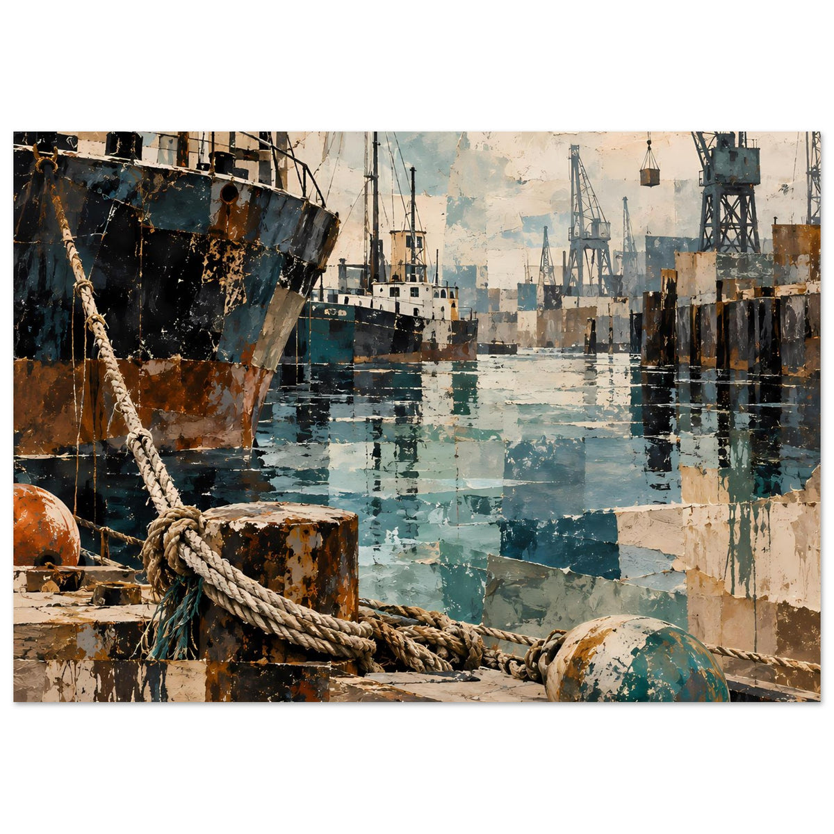 Maritimes Poster: Industriehafen mit Schiffsrumpf, Kränen, Seil und Poller