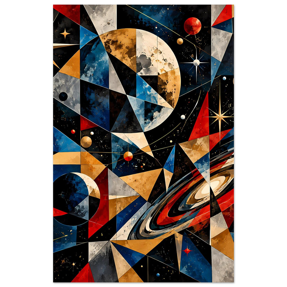 Vertikales Weltraum-Poster mit Planeten, Sternen und geometrischen Dreiecken in Blau, Rot und Gold