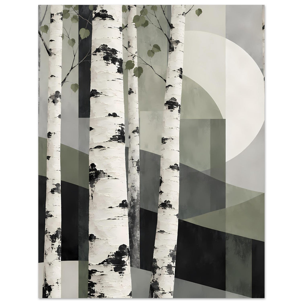 Abstraktes Naturposter mit weißen Birken, grünen Blättern und geometrischen Flächen.