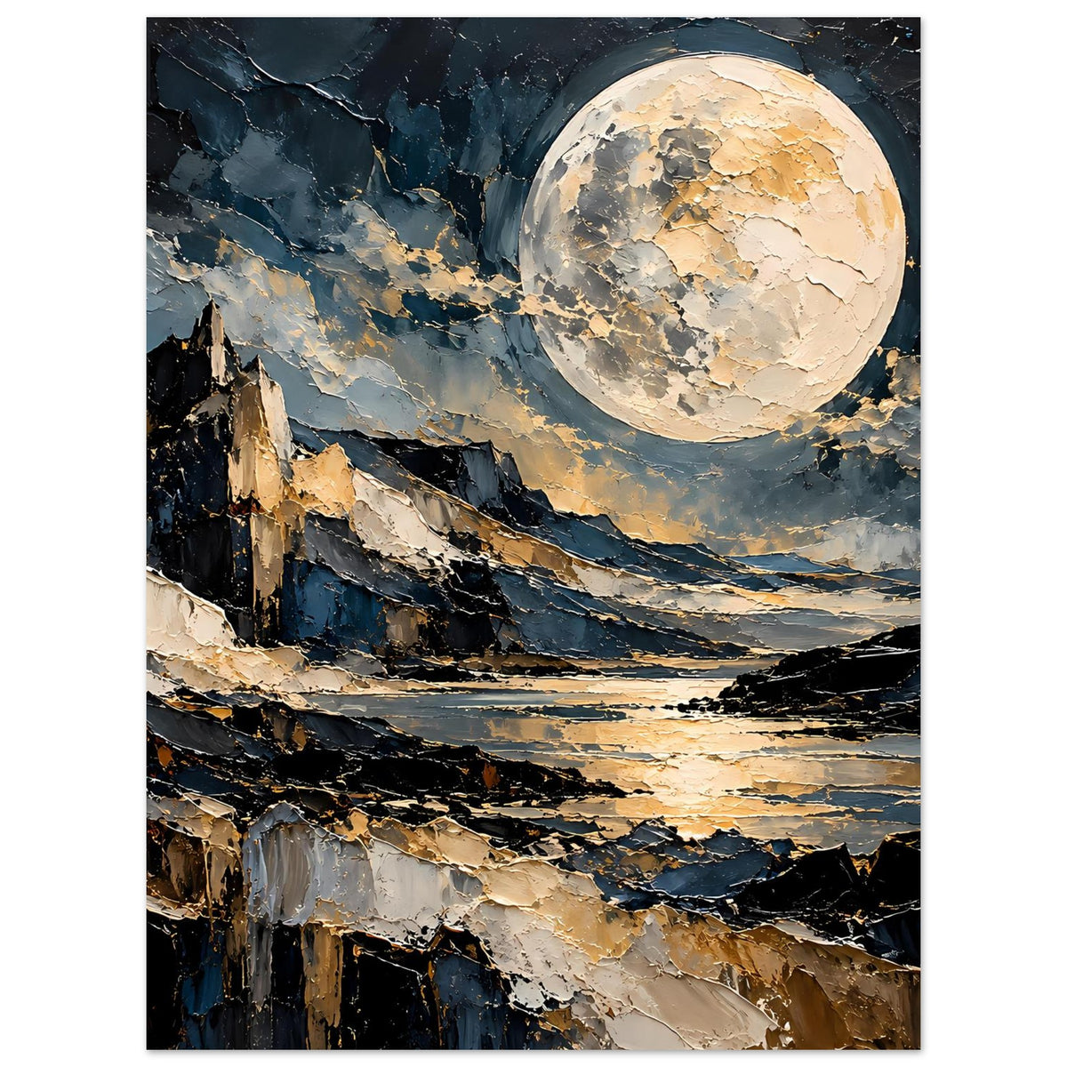 Mondschein-Poster im Hochformat: goldener Vollmond über Klippen und ruhiger See