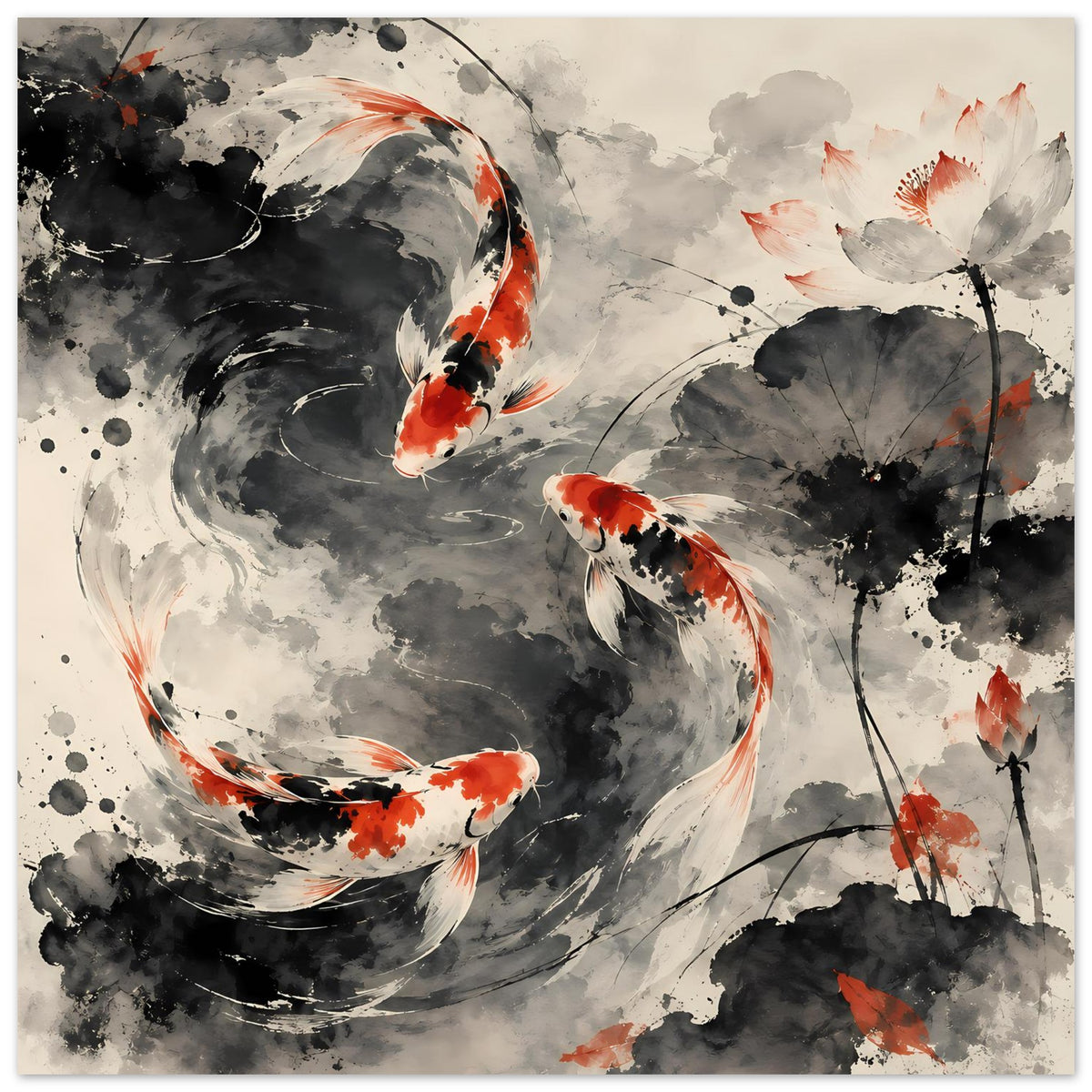 Poster mit Koi-Fischen in Grau, Schwarz und Orange, Tusche-Wirbel und abstrakte Blüten