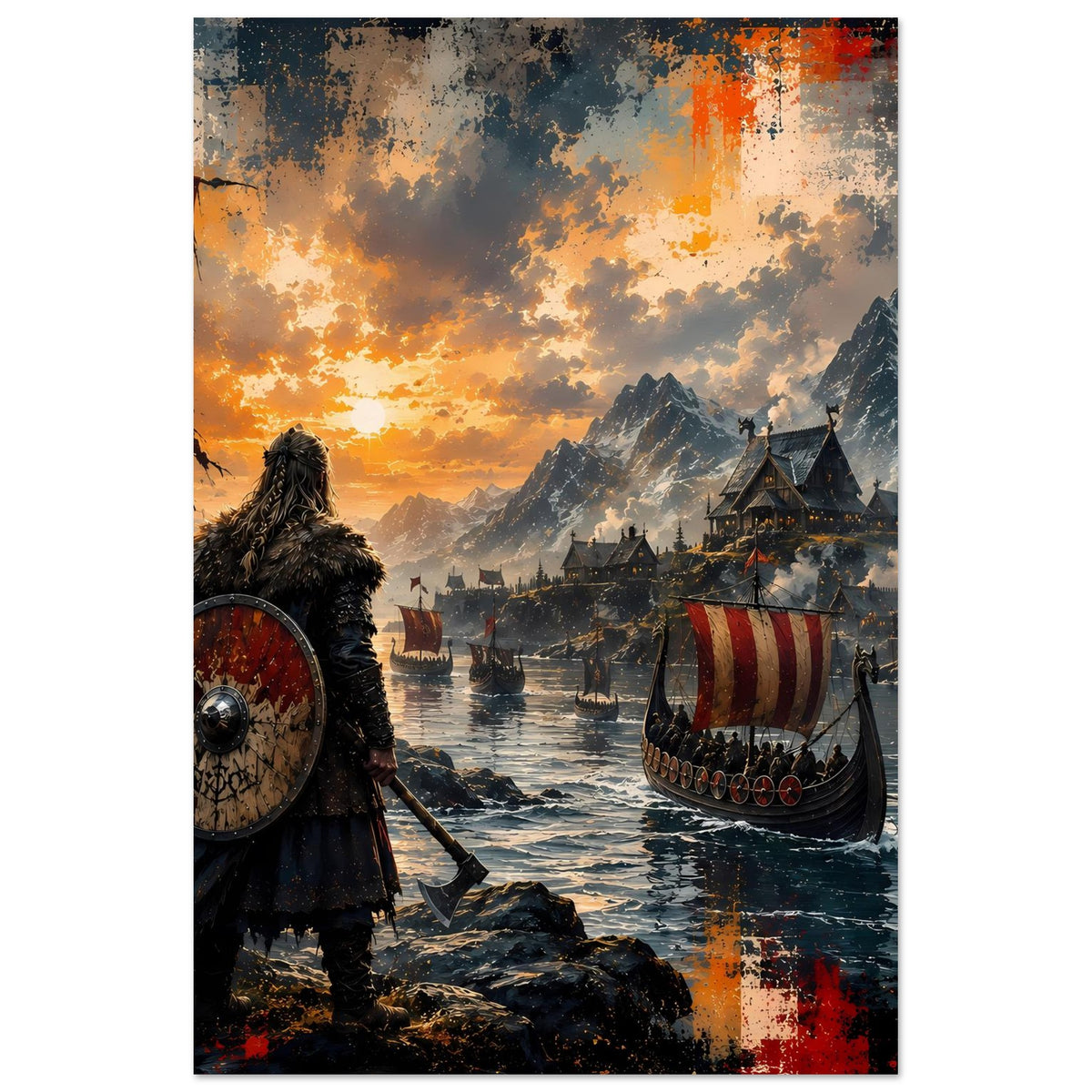 Wikinger-Saga-Poster, vertikal: Krieger mit Rundschild und Langschiff im warmen Himmel.