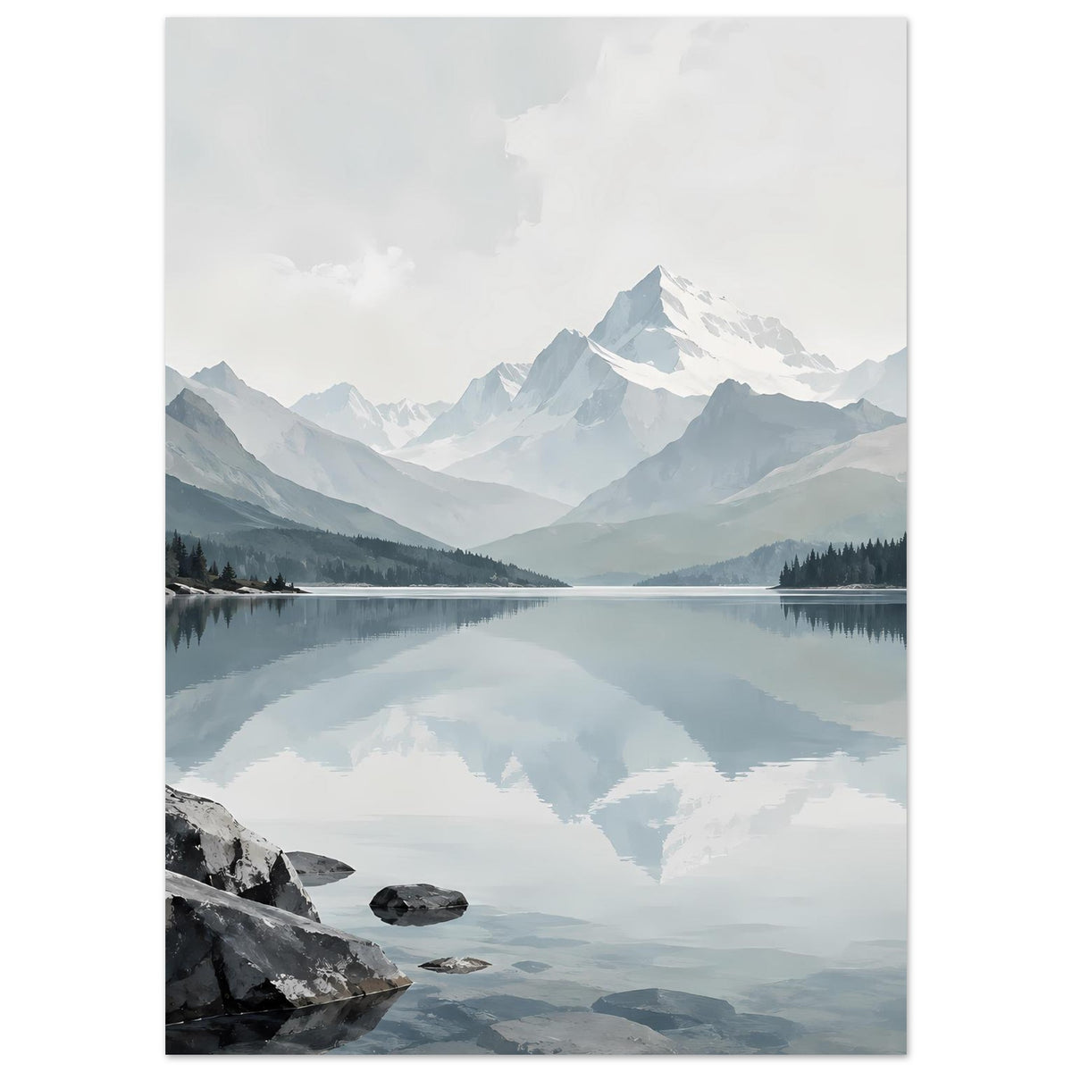 Kunstdruck: ruhiger See mit Spiegelung von Himmel und Bergen, Felssteine am Rand, quer