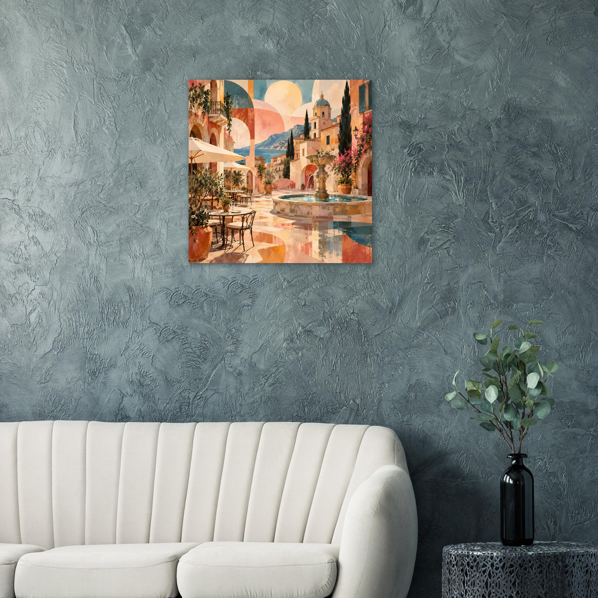 Quadratisches Poster mit mediterranem Brunnenplatz und warmen Pastellfarben