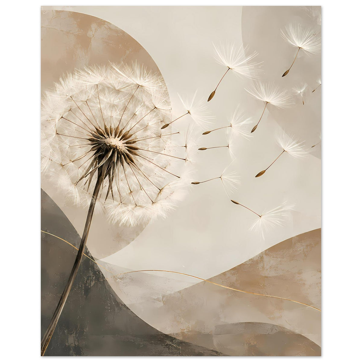 Dandellion-Passer Poster (hochkant): Pusteblume links, mehrere Samenflüge rechts