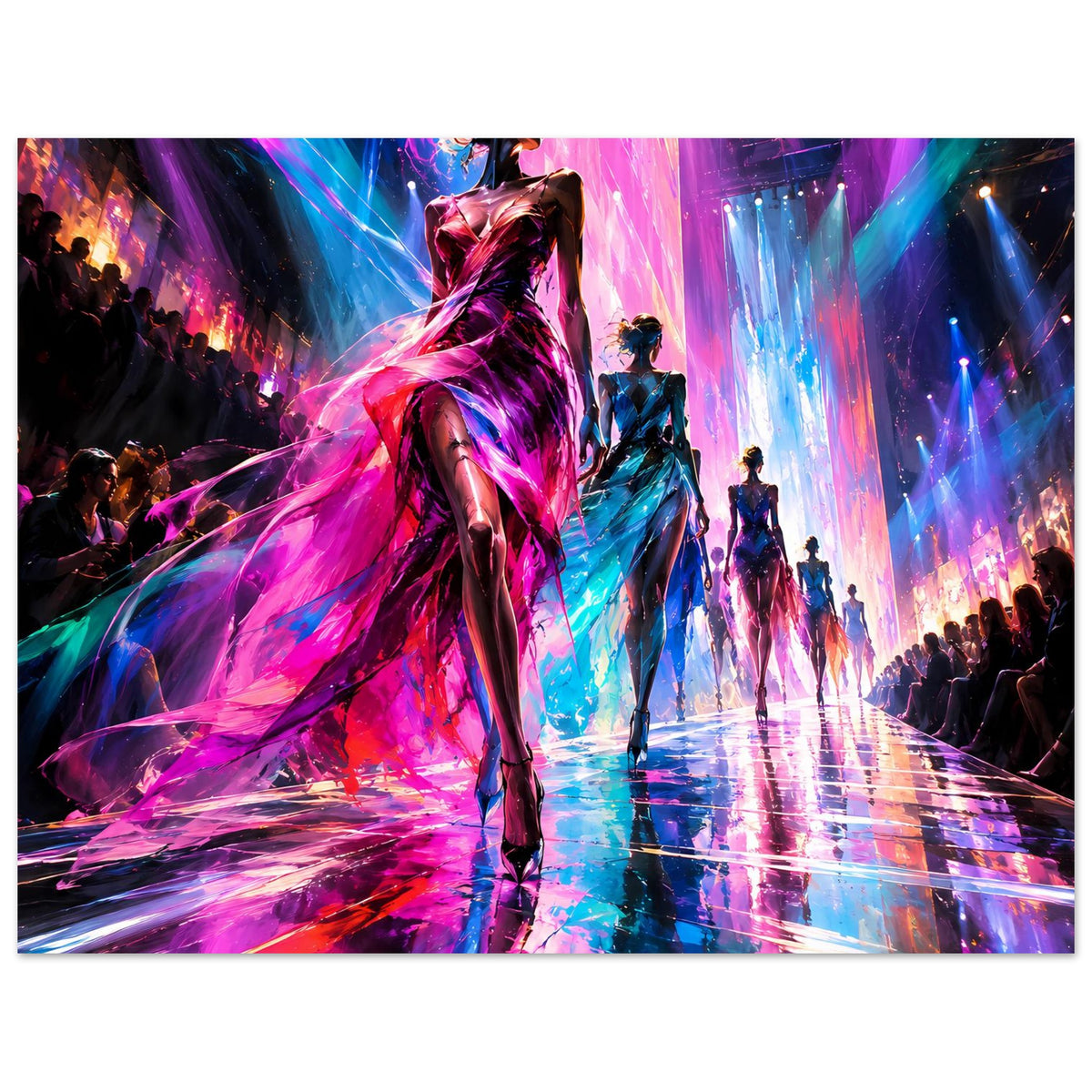 Poster, horizontal: Laufsteg mit futuristischen Models, Neonfarben Pink, Blau und Violett