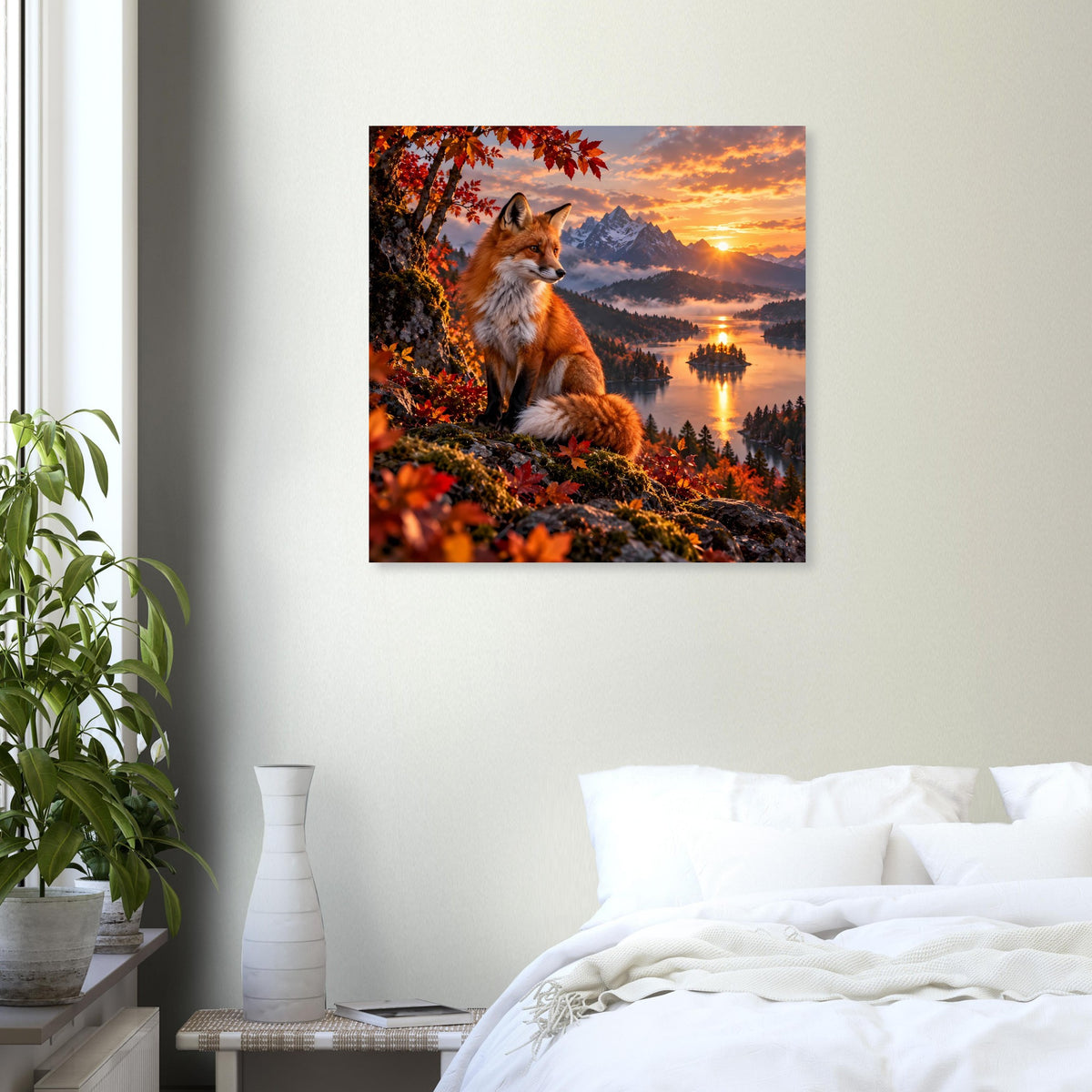 Quadratisches Poster mit Fuchs, roten Blättern am Ufer und Sonnenuntergang in den Bergen