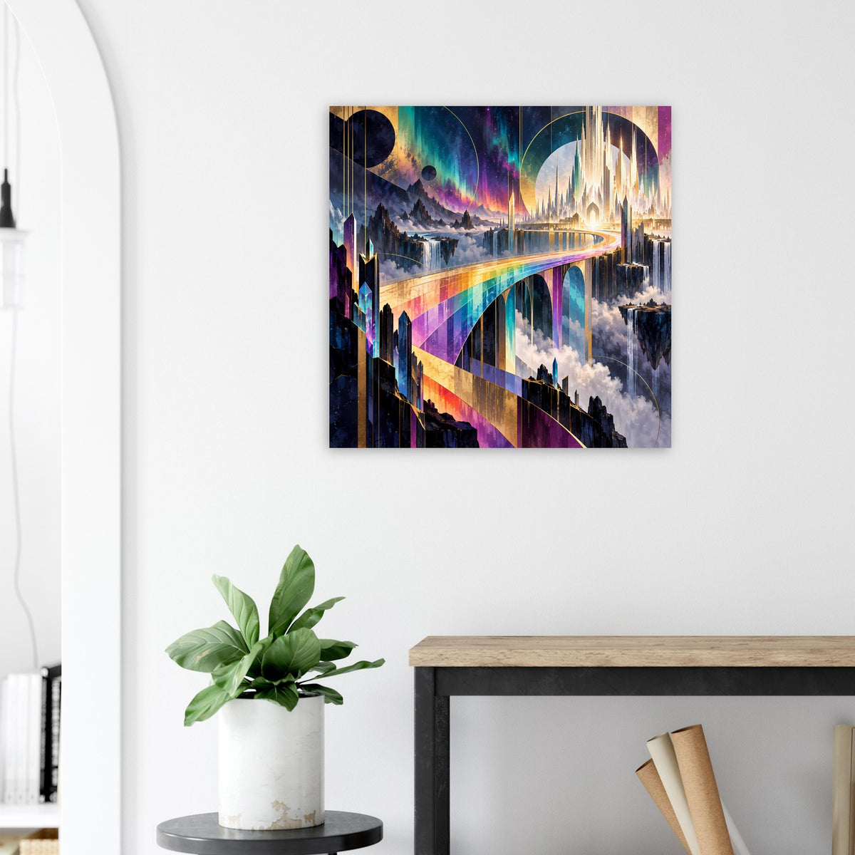 Poster mit futuristischer Regenbogen-Brücke, goldweißer Lichterkaskade und Stadtansicht