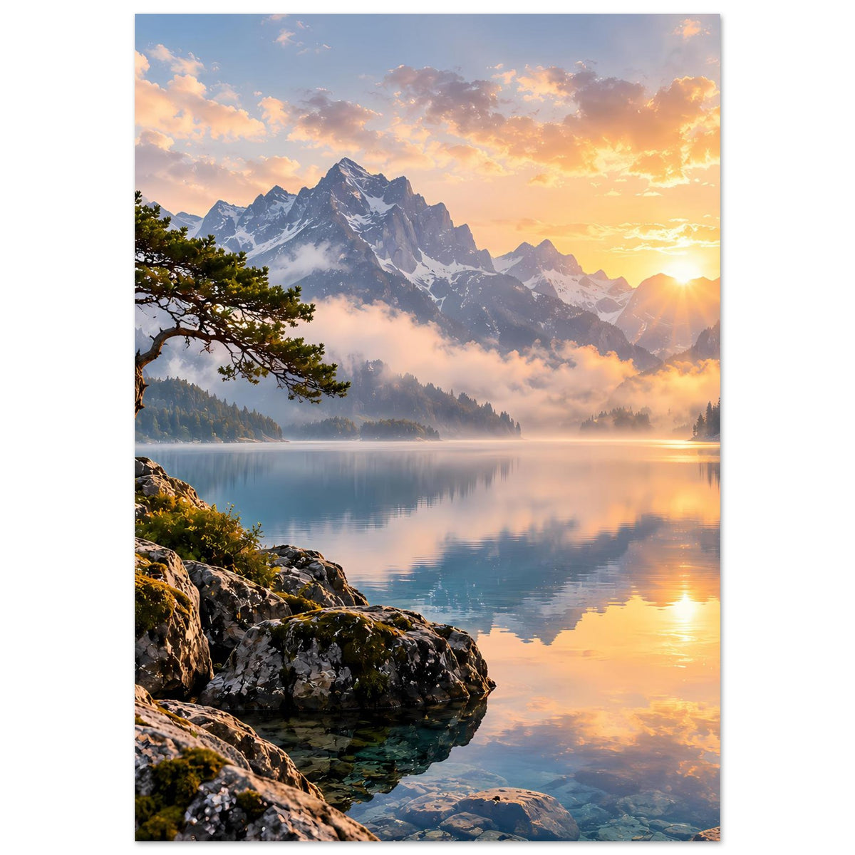 Vertikales Poster mit Sonnenaufgang, Bergsee-Spiegelung und Baum links am Felsen