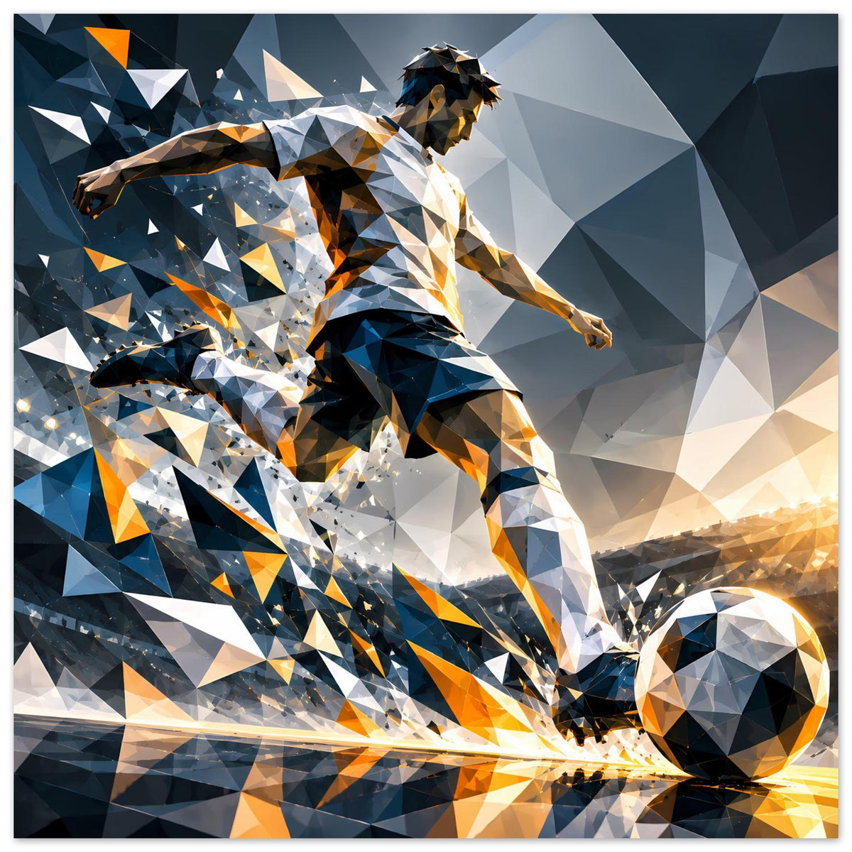 Fußball-Actionposter: laufender Spieler und Ball, blau-orange Dreiecksdesign