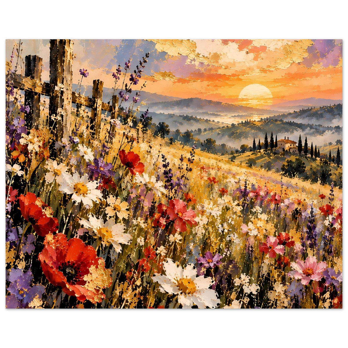 Querformat-Landschaftsposter mit roten Mohnblüten, violetten Akzenten und Abendsonne
