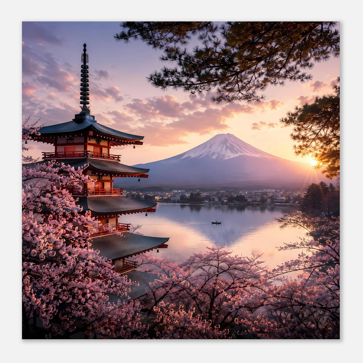 Wandposter im Querformat mit Pagode, Berg Fuji, Kirschblüten und Abendsonne