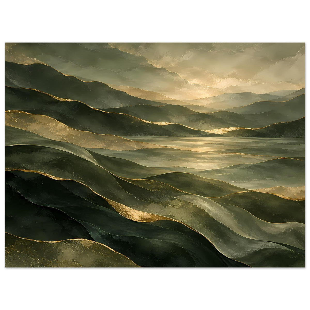 Landschafts-Poster mit grünen Bergwellen und goldenen Lichtakzenten im Abendhimmel