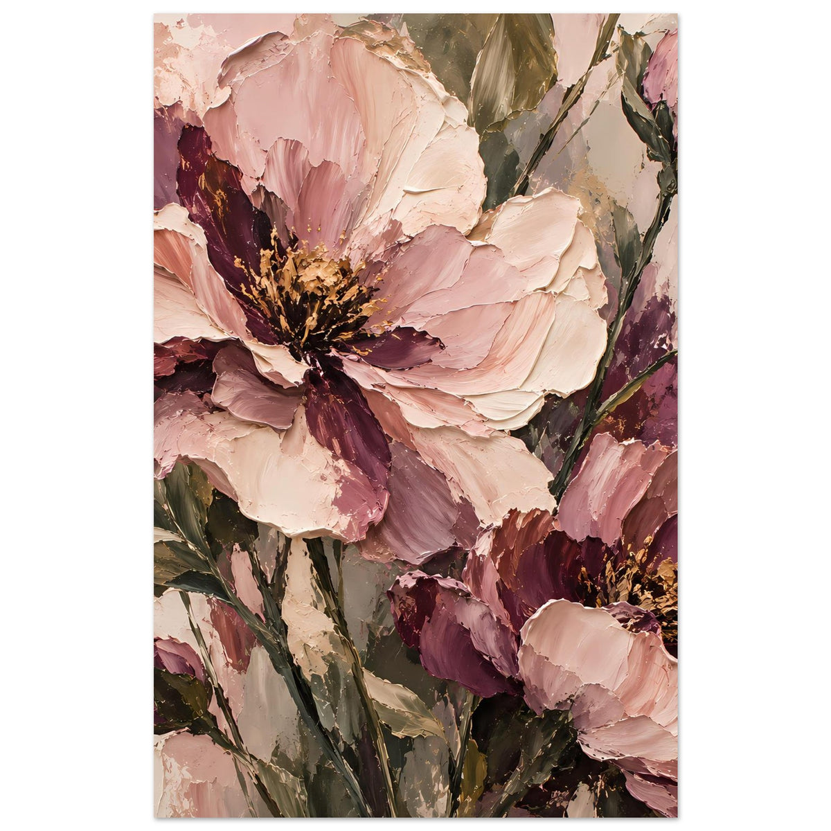 Florales Poster im Hochformat: große blassrosa Blüte oben, daneben weitere Mauve-Blüten, Pinseltextur.