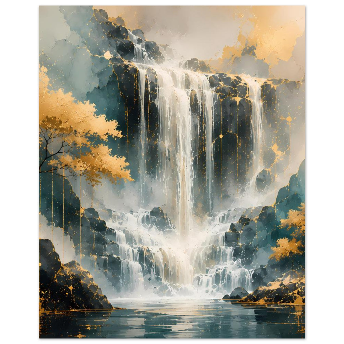 Vertikales Kunstdruck-Poster: Wasserfall in Blau und warmem Gold, mit Rahmen