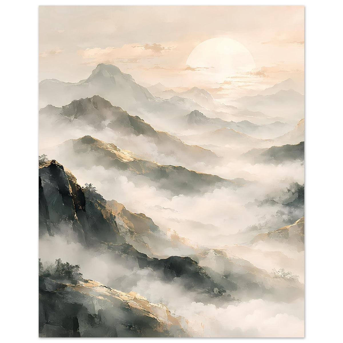 Poster im Hochformat mit Bergpanorama, sanften Naturtönen, Nebel über den Tälern