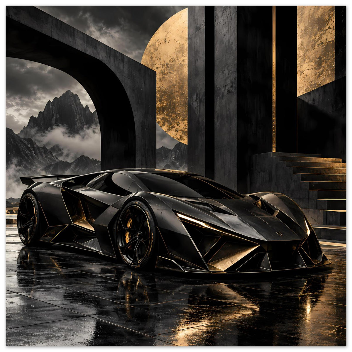 Poster mit futuristischem Supersportwagen in Schwarz und Gold, Front-3/4, goldene Unterkanten