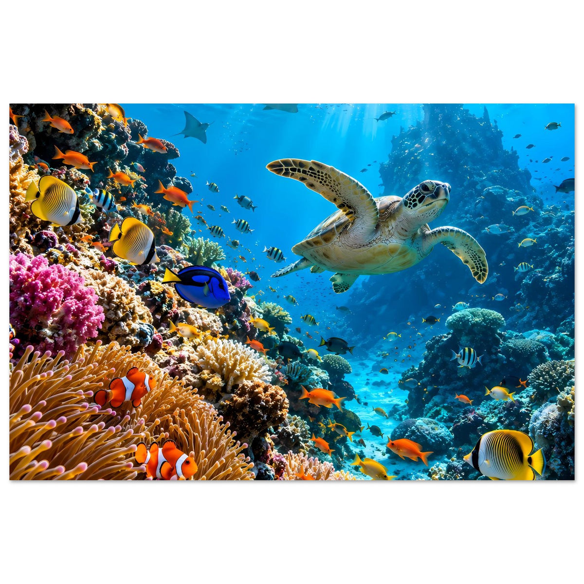 Meerposter mit Schildkröte, Clownfisch und Korallenriff in kräftigen Farben