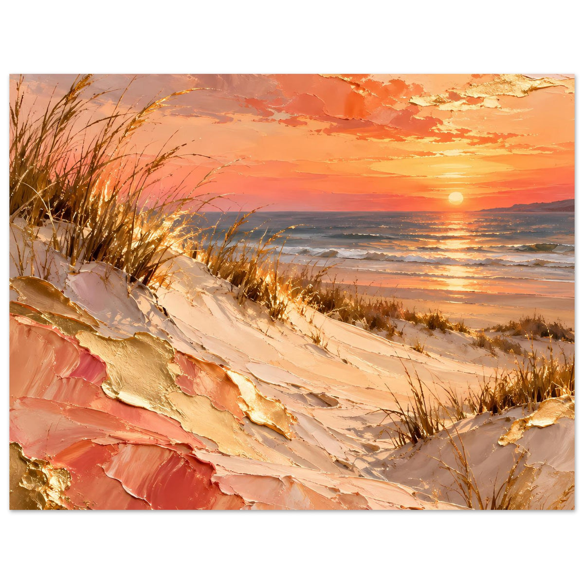 Meerposter im Hochformat: Sanddünen mit Strandgras, Meerwellen und sonniger Reflex