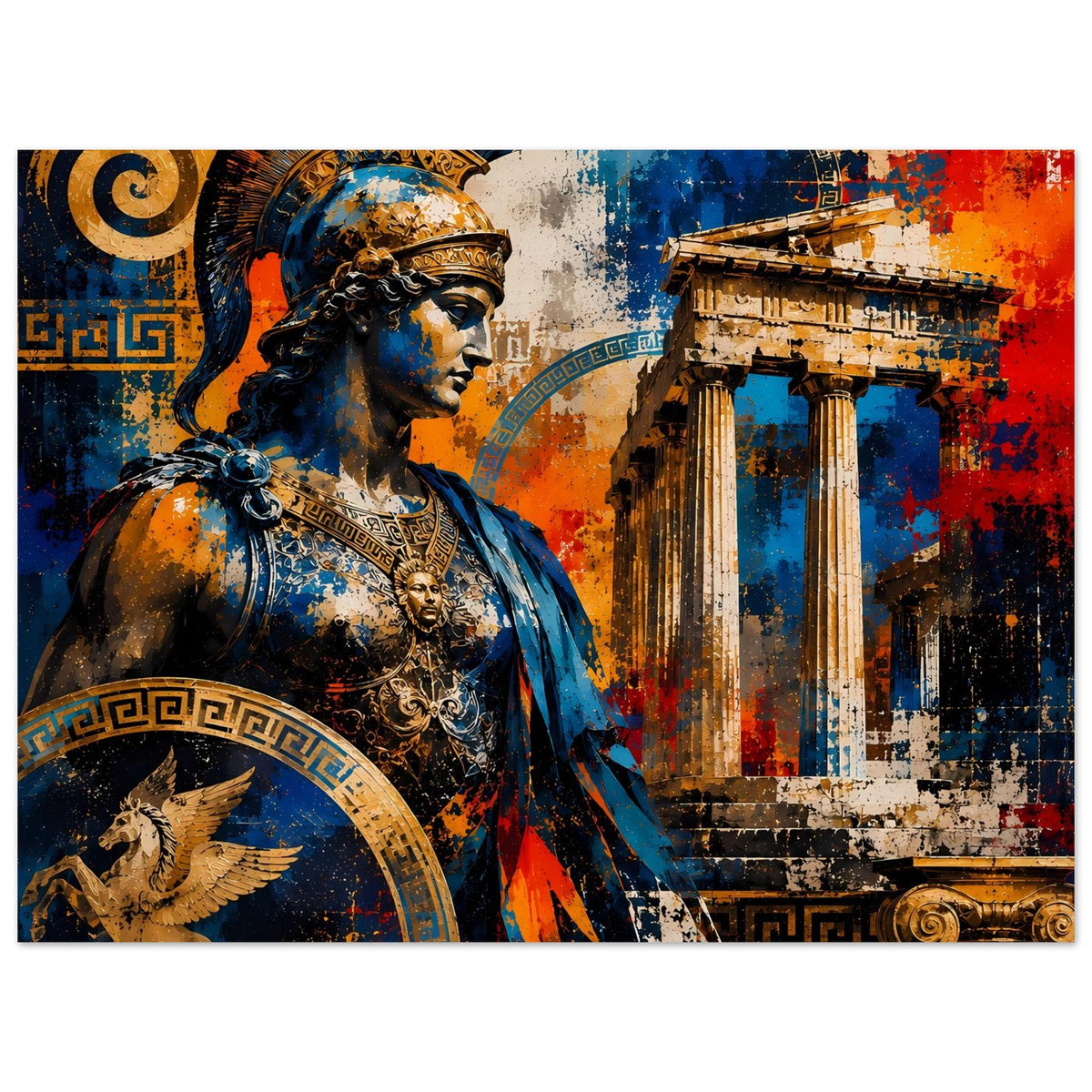 Poster mit griechischem Krieger am Tempel, Muster am Kopf und antike Säulen