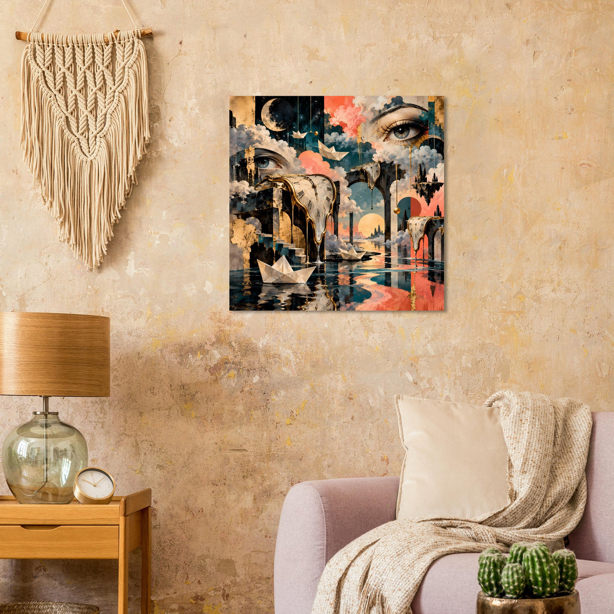 Surrealistisches Wandposter mit schmelzenden Uhren, großen Augen und spiegelndem Wasser