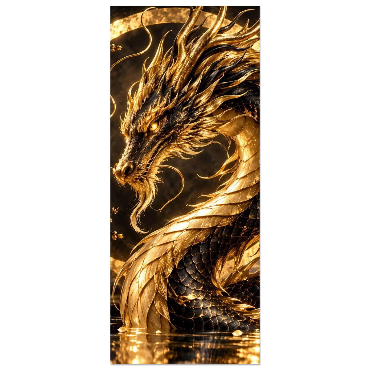 Hochformat-Poster mit goldenem Drachen, Ausschnitt von Kopf und Flügelmähne im Blütenkreis