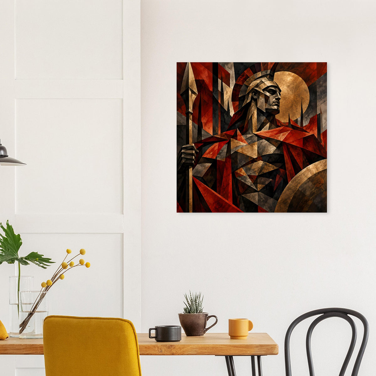 Wandposter mit Spartaner im roten und goldenen Dreiecks-Design