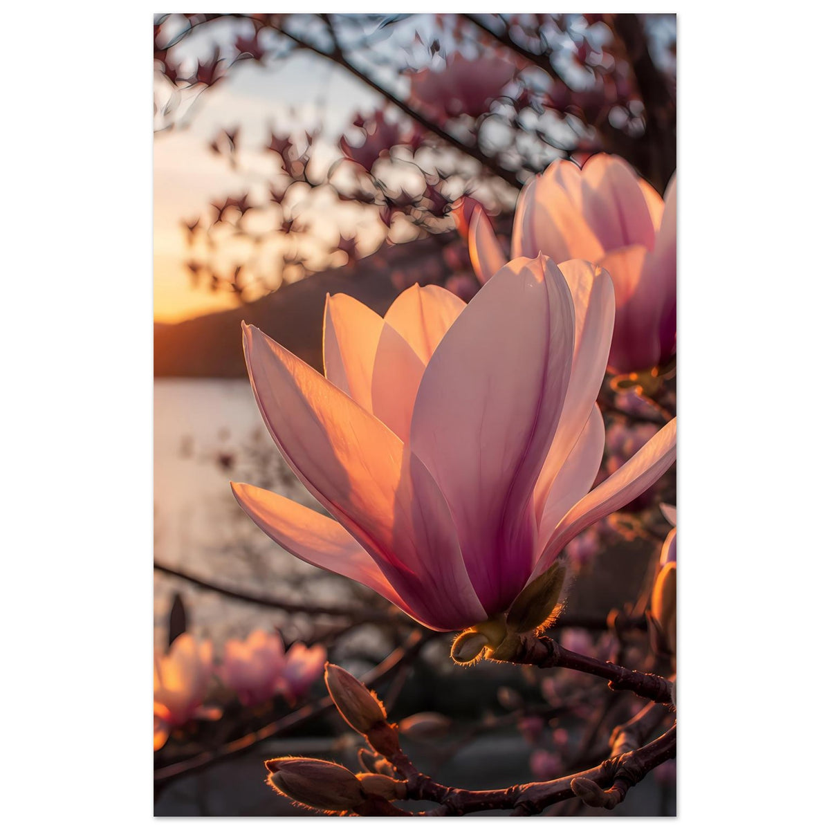 Magnolienblüten-Poster: hohe Darstellung einer rosa-orange Magnolie an Zweigen