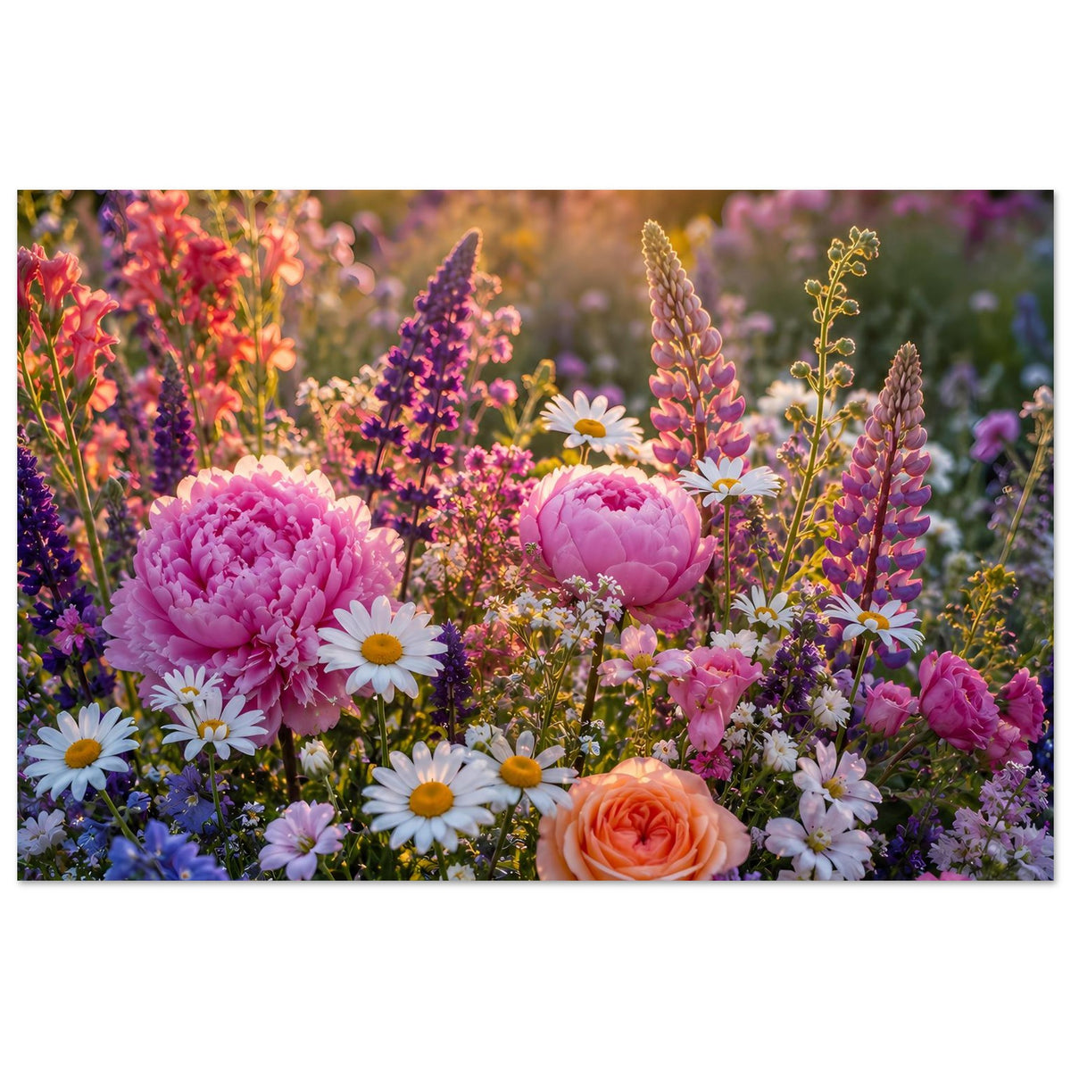 Horizontales Blumenmeer-Poster: Pfingstrosen und bunte Blüten mit Gänseblümchen