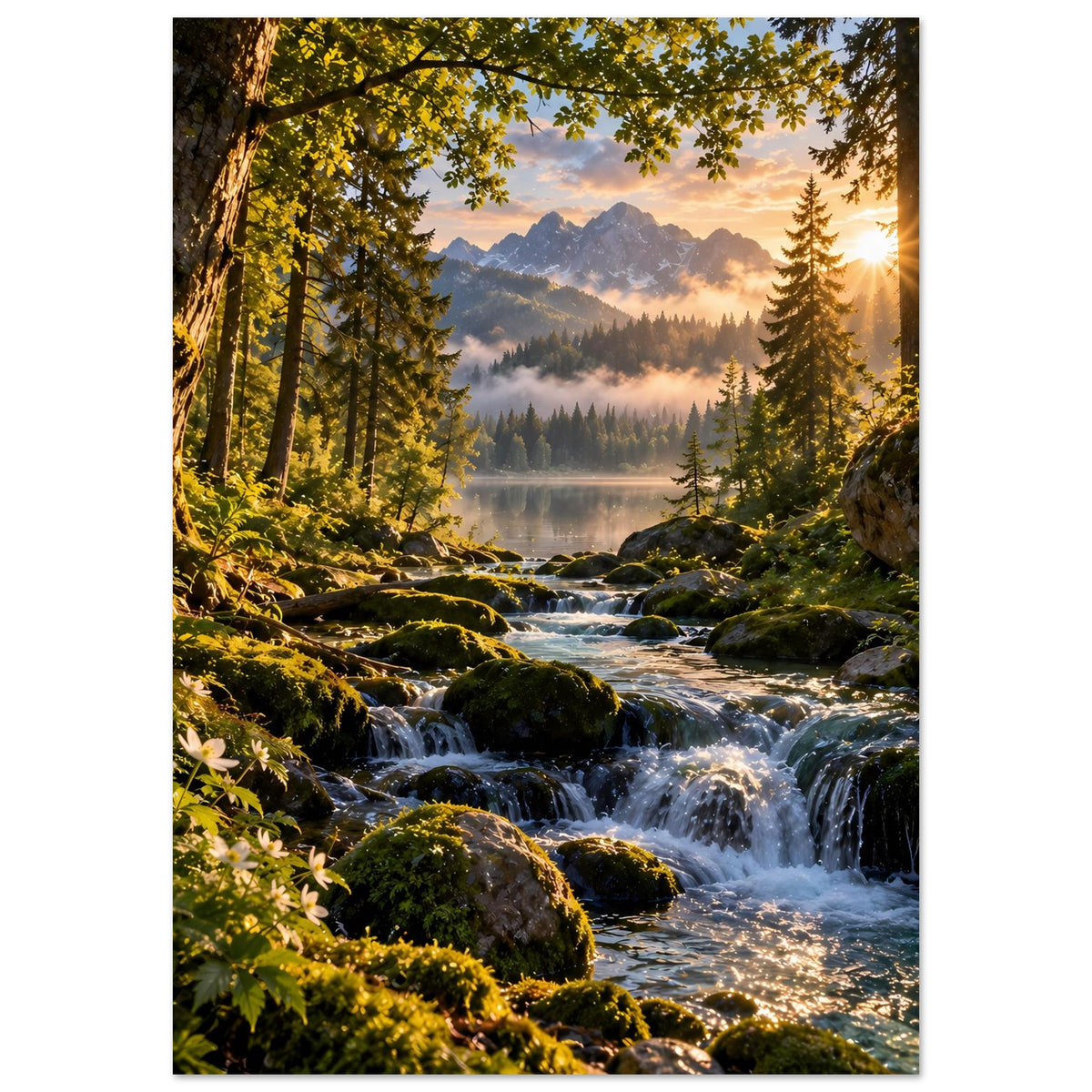 Wasserfall-Poster im Hochformat: Sonnenaufgang über Bergen, Waldfluss und Wasserfall