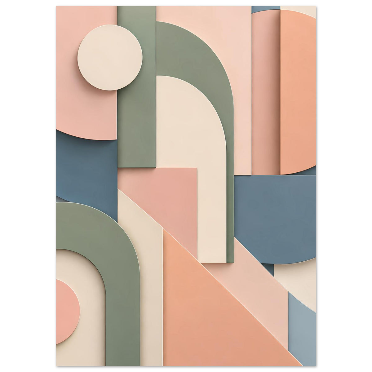 Kunstposter mit geometrischen Säulen- und Bogenformen in Terrakotta und Salbeigrün