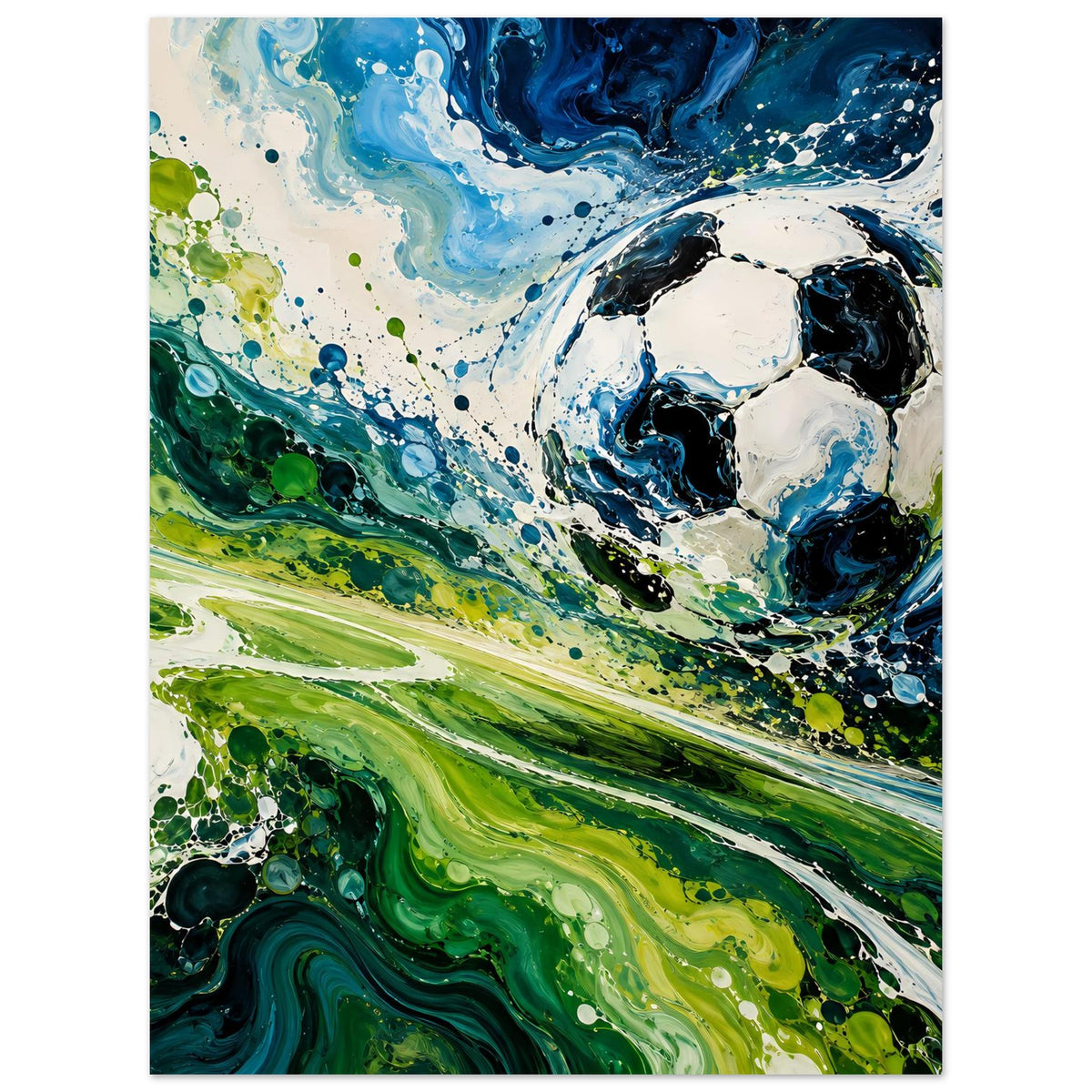 Kunstdruck im Hochformat: abstrakter Fußball mit grünen und blauen Farbstreifen, Spritzern