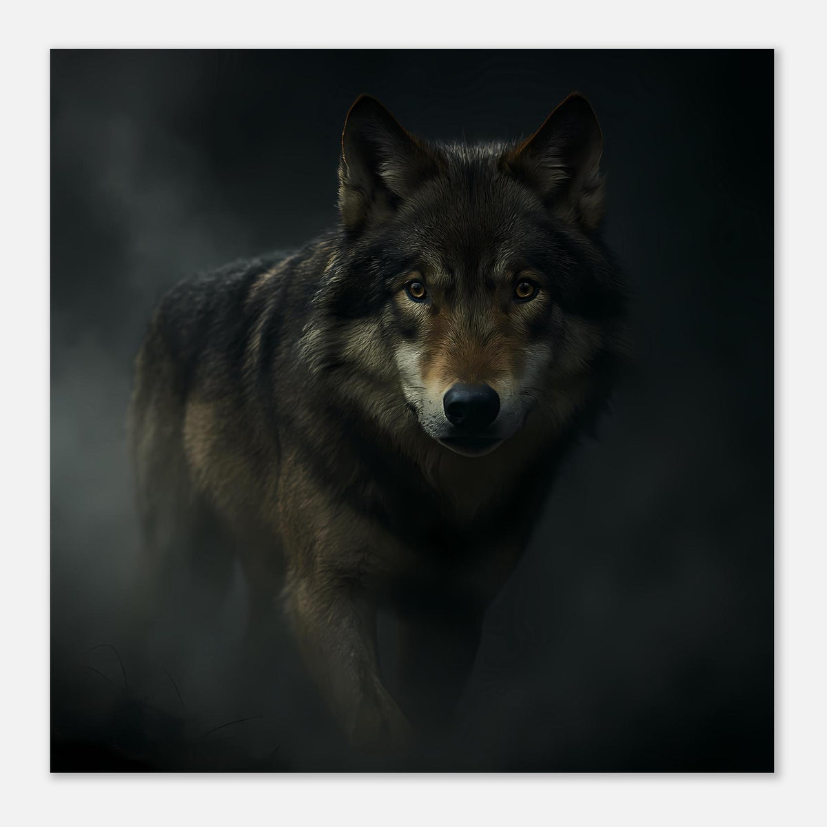 Wolfporträtposter, frontal ausgerichtet, grauschwarzes Fell und gelbliche Augen