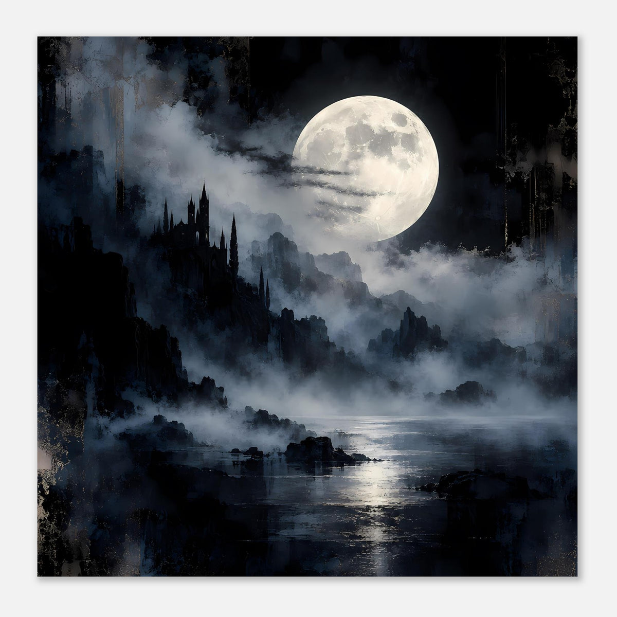 Fantasy-Landschaftsposter mit Vollmond über nebliger Landschaft, Burgsilhouette und Fluss