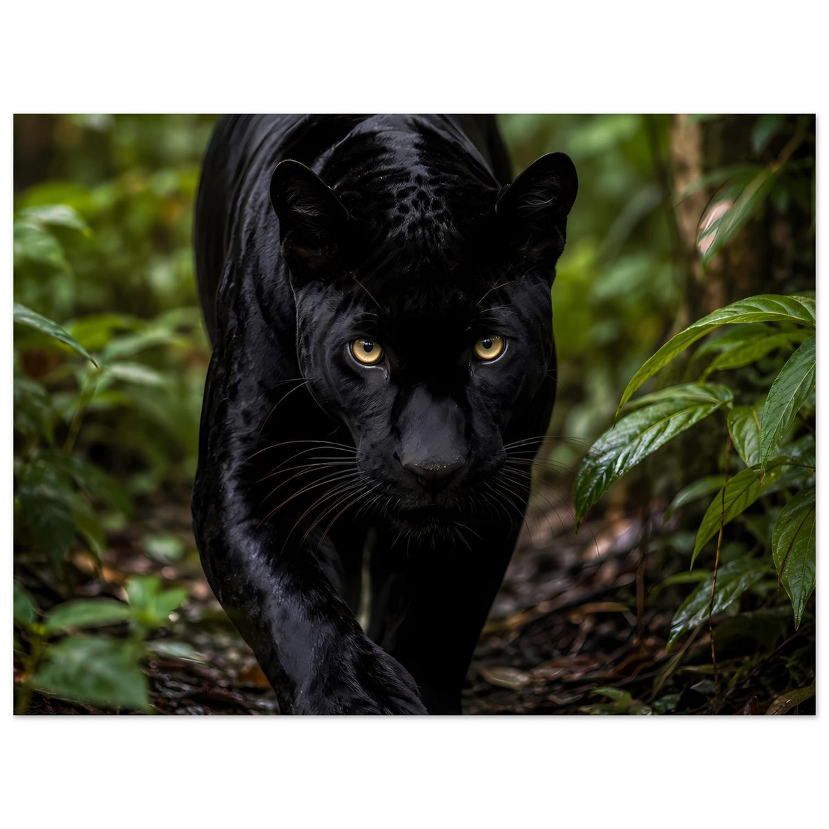 Poster mit schwarzem Panther im Dschungel, goldene Augen, geduckte Vorderpfoten