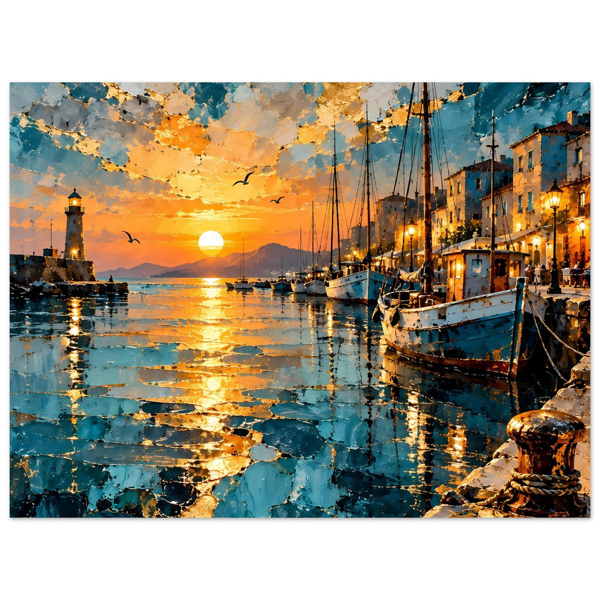 Hafen-Szenenposter im Querformat: orangefarbene Sonne, Leuchtturm und beleuchtete Häuser am Kai