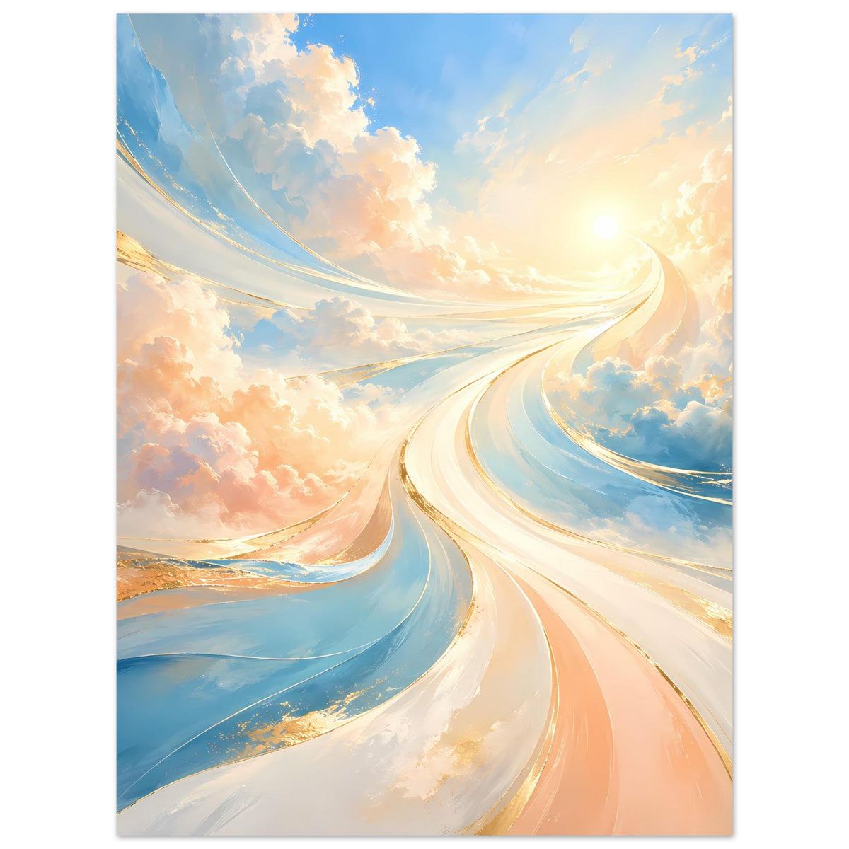 Fantasie-Poster im Hochformat mit Pastellhimmel, Sonne, geschwungenen Lichtbahnen und Wolken