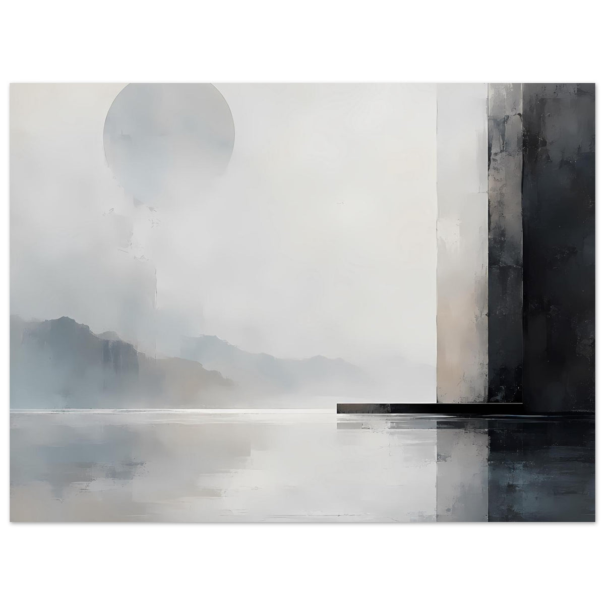 Monochromer Landschaftsposter mit Bergsilhouetten, Halbmond-Form, horizontalen Strichen und dunklem Eckbereich