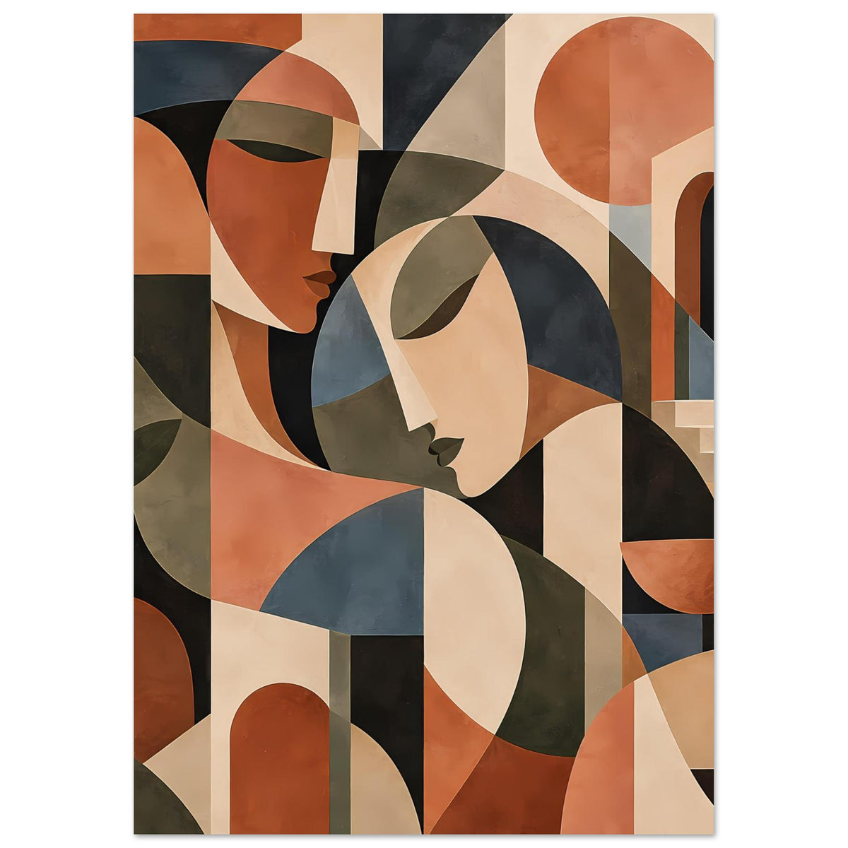 Kunstposter mit abstrakten Gesichtern, große ovale Formen in Terrakotta, Blau, Oliv und Beige