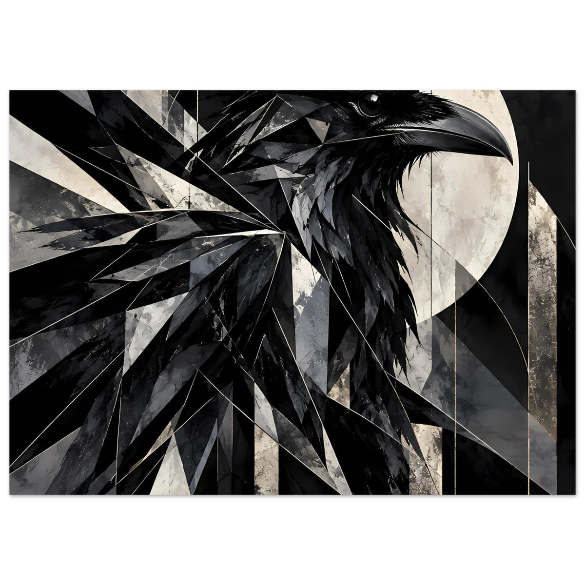 Kunstposter mit geometrischem Rabenmotiv, abstrahierte Flügel und Federkanten im Querformat