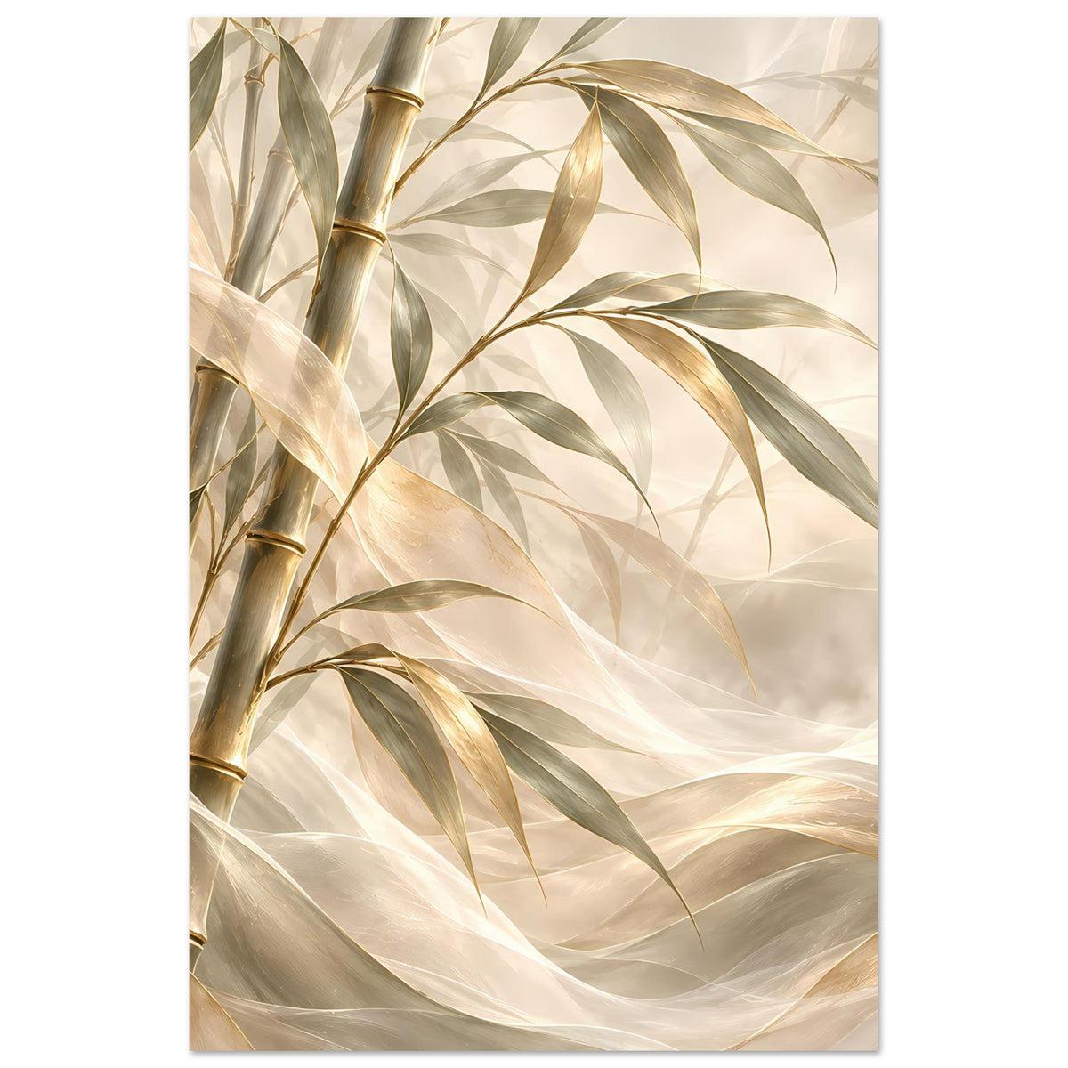 Bambus-Poster mit Bambusstangen und Blättern in Gold- und Elfenbeintönen, vertikal