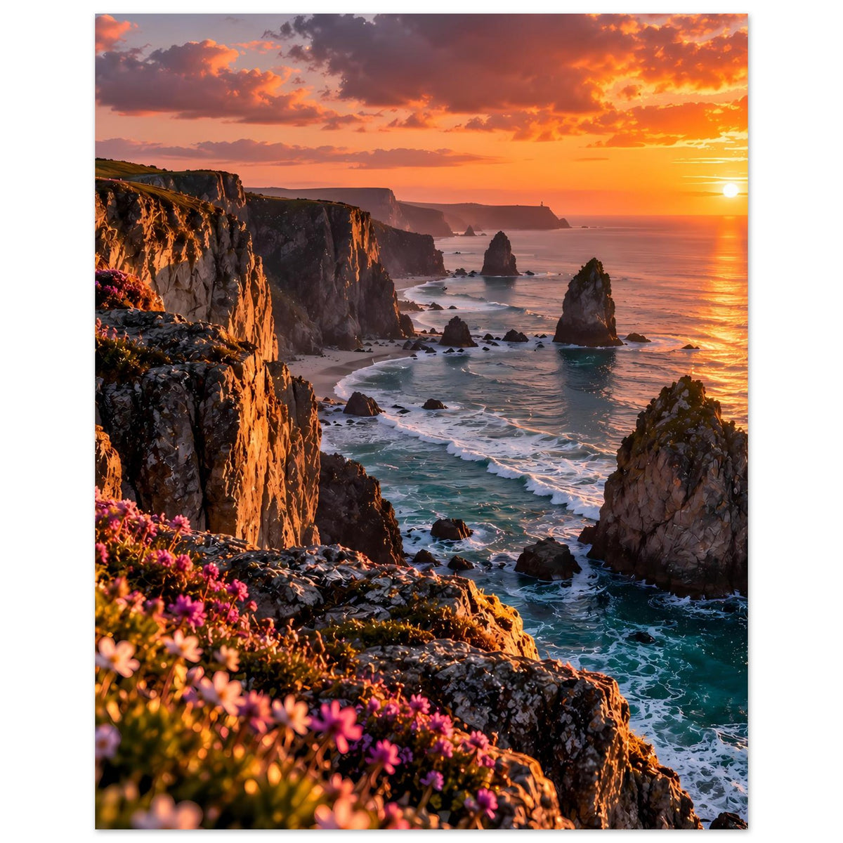 Vertikales Poster: Felsklippen und Meer mit Sonnenuntergang, Blumen am Klippenrand
