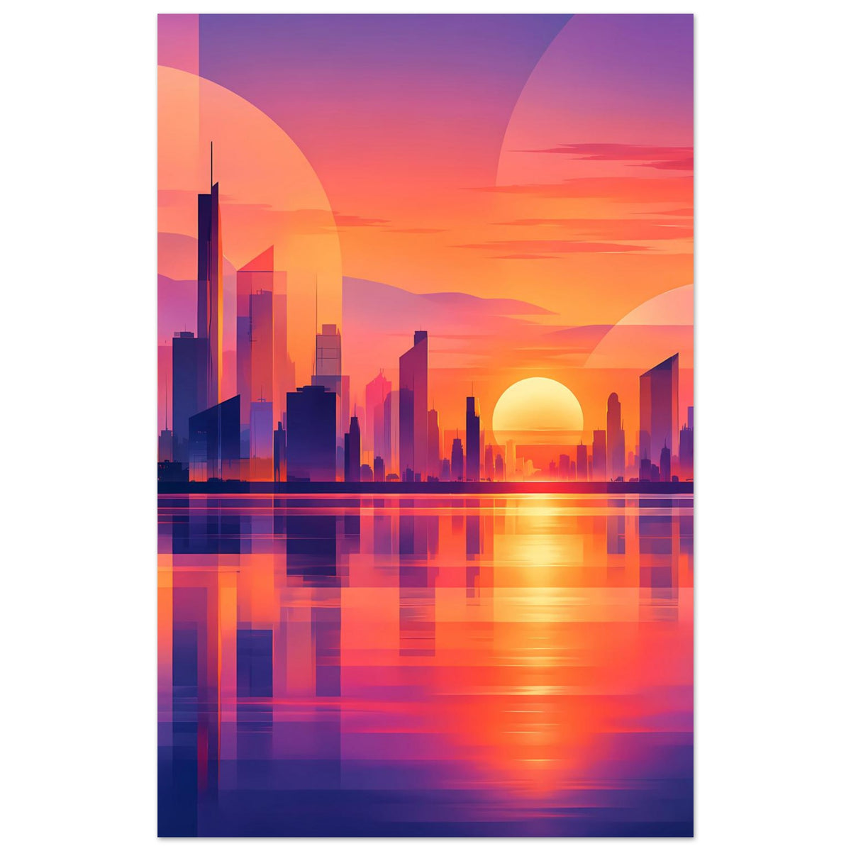 Hochkant-Stadtposter mit Skyline bei Sonnenuntergang, Sonne und Spiegelung im Wasser