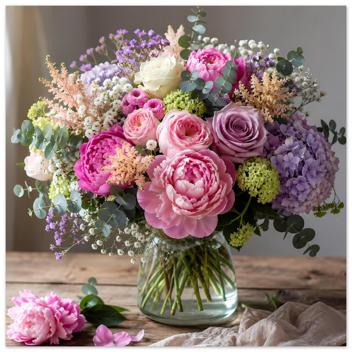 Blumenposter im Hochformat: üppiges Pastell-Bouquet mit Rosen und Hortensien in Vase