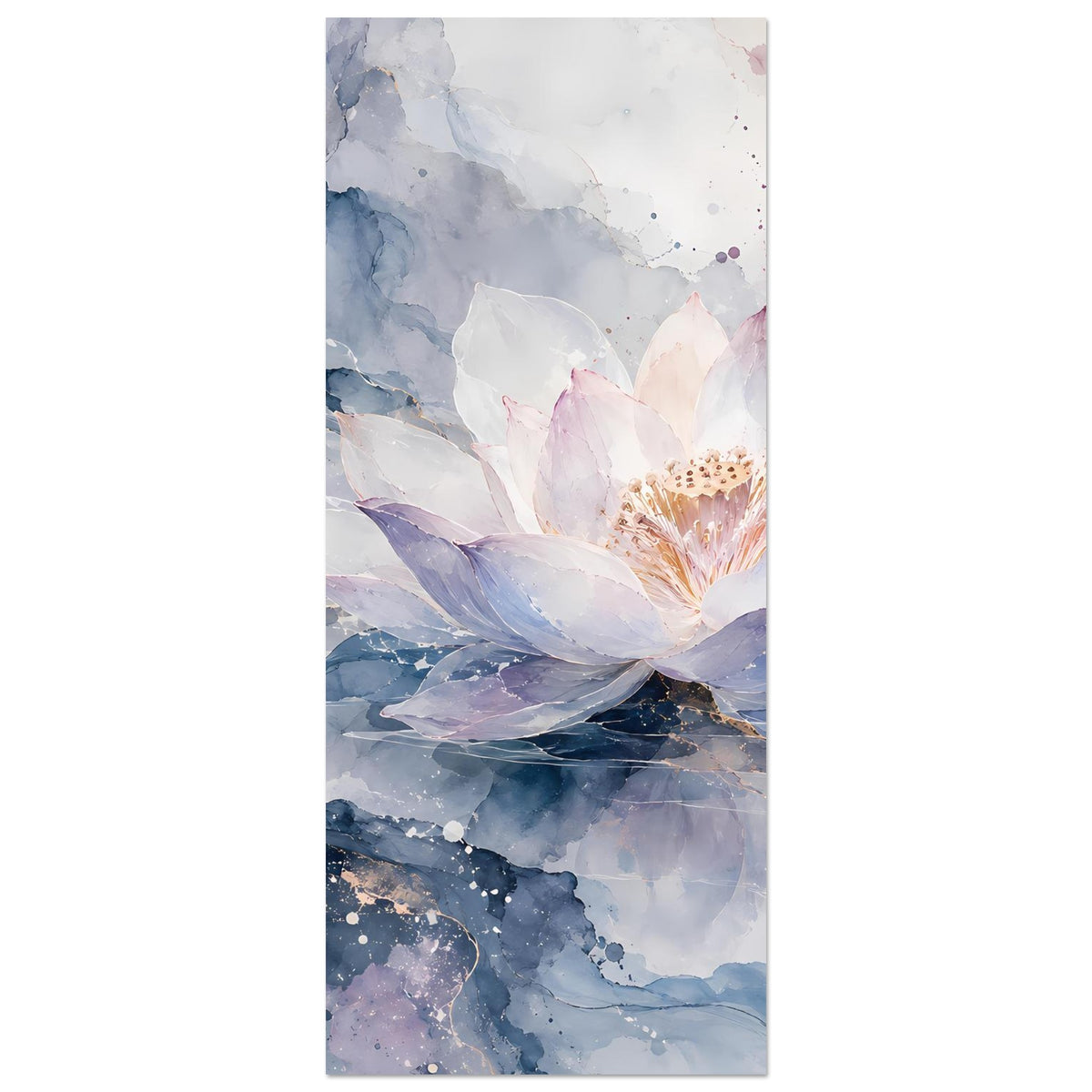 Blumenposter im Hochformat: Lotusblüte in Weiß und Flieder, umgeben von Aquarellfarben
