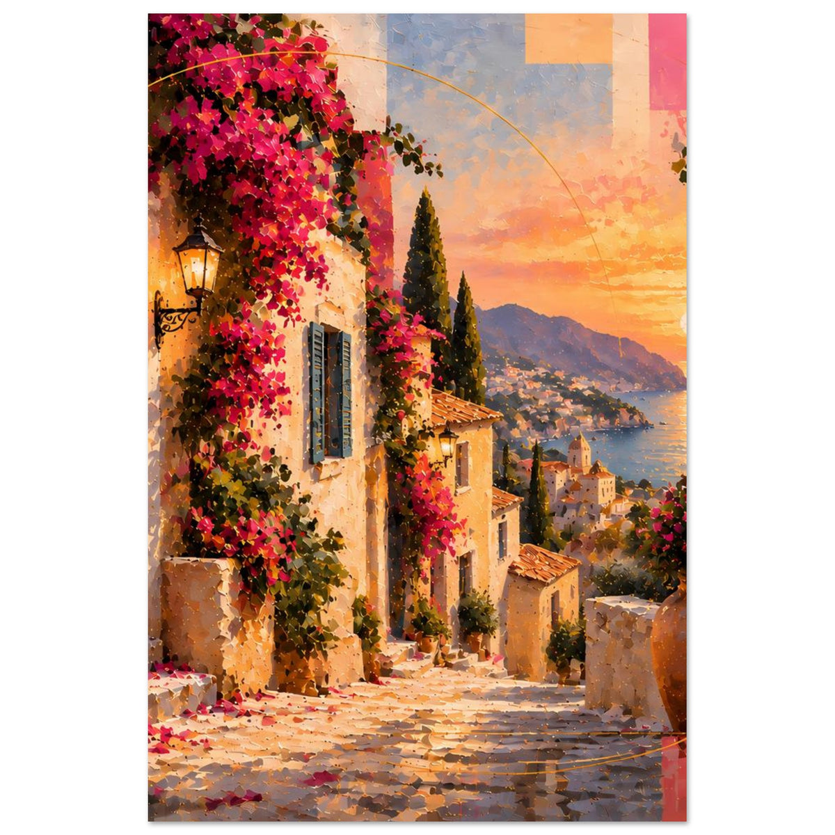 Vertikales Poster mit mediterraner Straße, Laterne, Zypressen und Abendhimmel über der Bucht