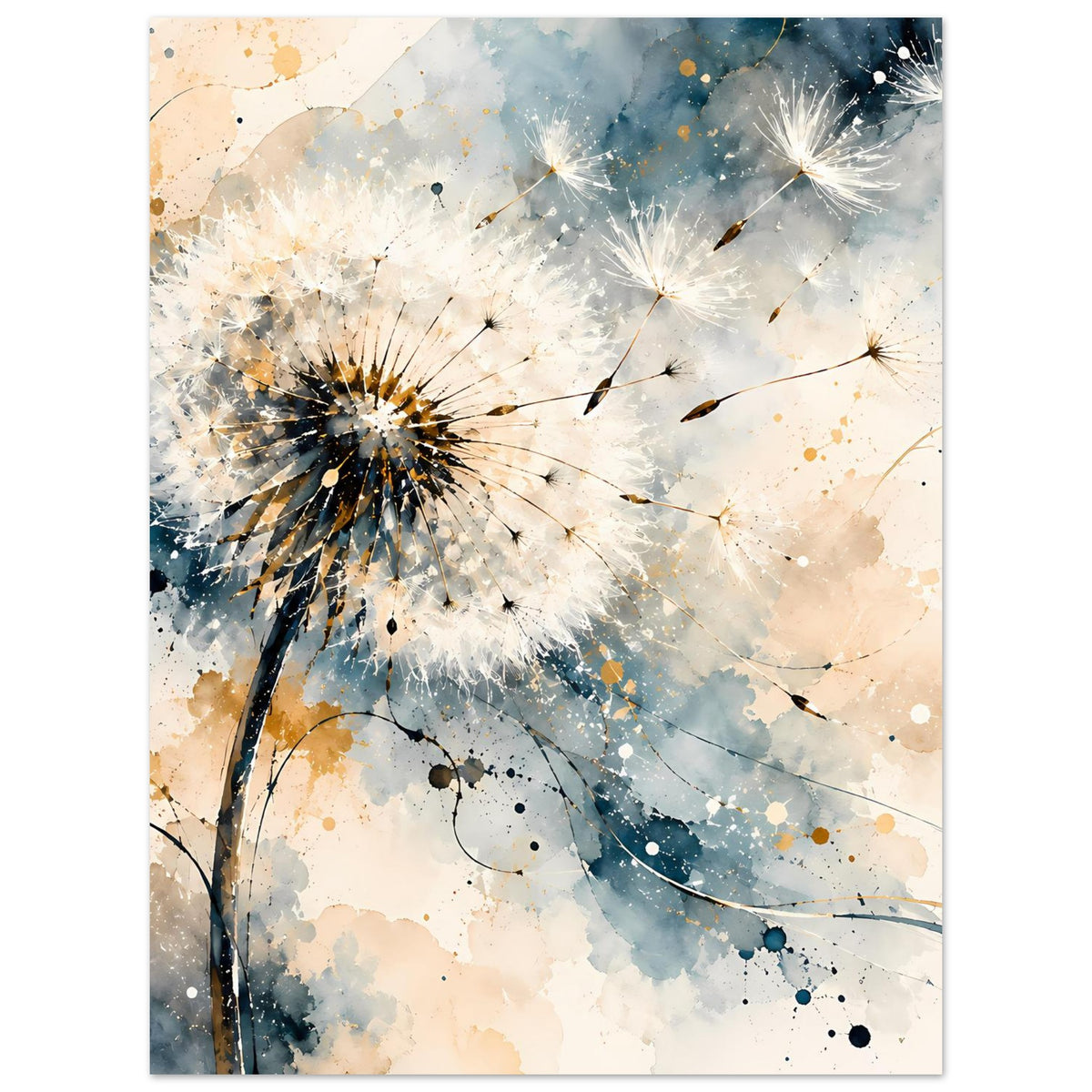 Kunstposter mit Pusteblume und Samen, blau-goldene Spritzer und helle Faserwolken